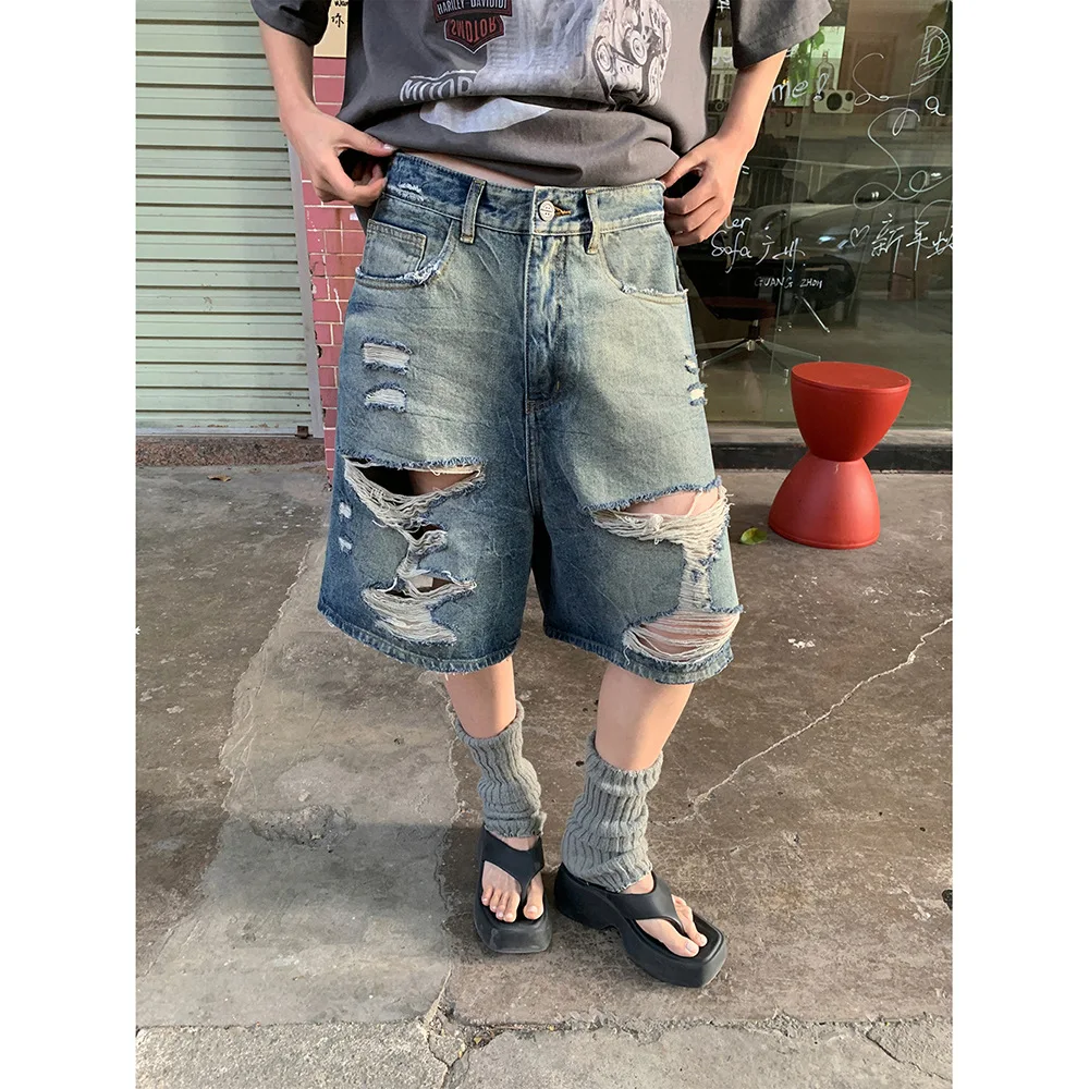 Hole Jeans Women Knee Length Wide Leg Pants Ripped Straight Mid Waist Washed Distressed Shorts 2025 Summer Streetwear Denims