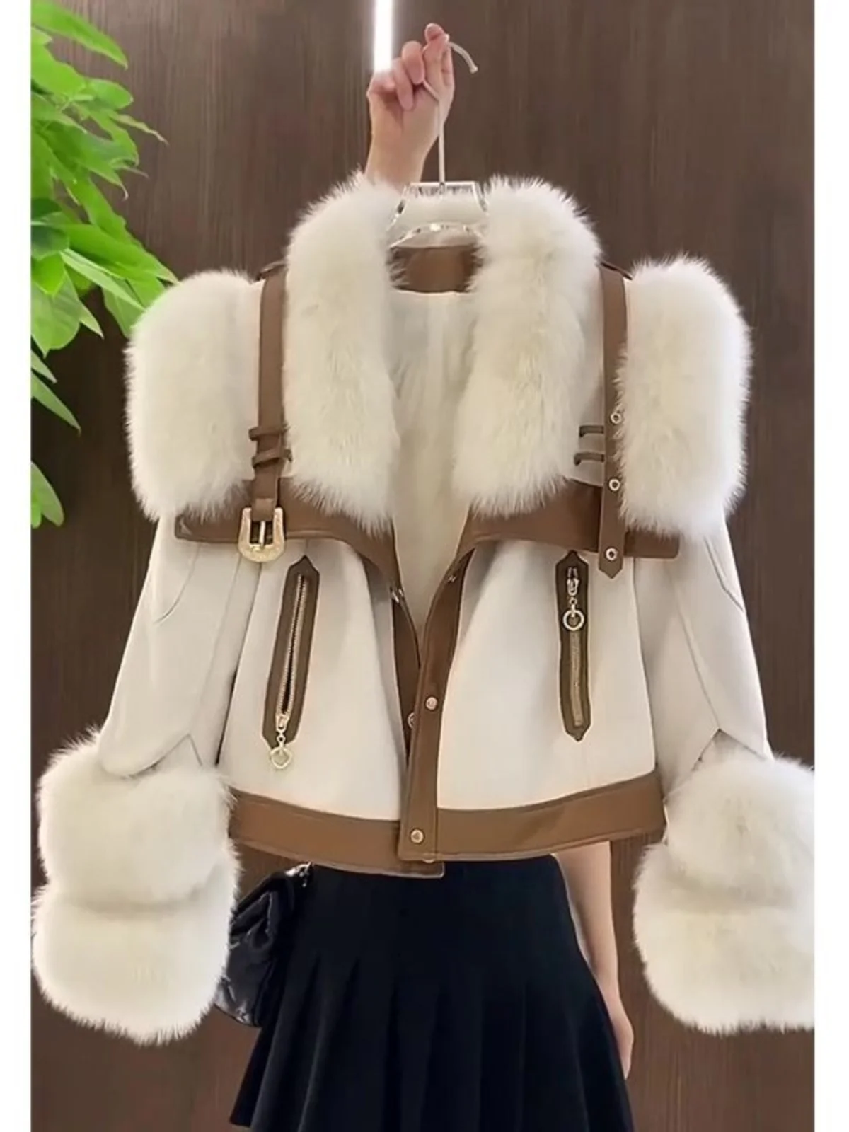 Women\'s Clothing Small fragrant style patchwork imitation fox fur versatile plus plush fur collar jacket 0116