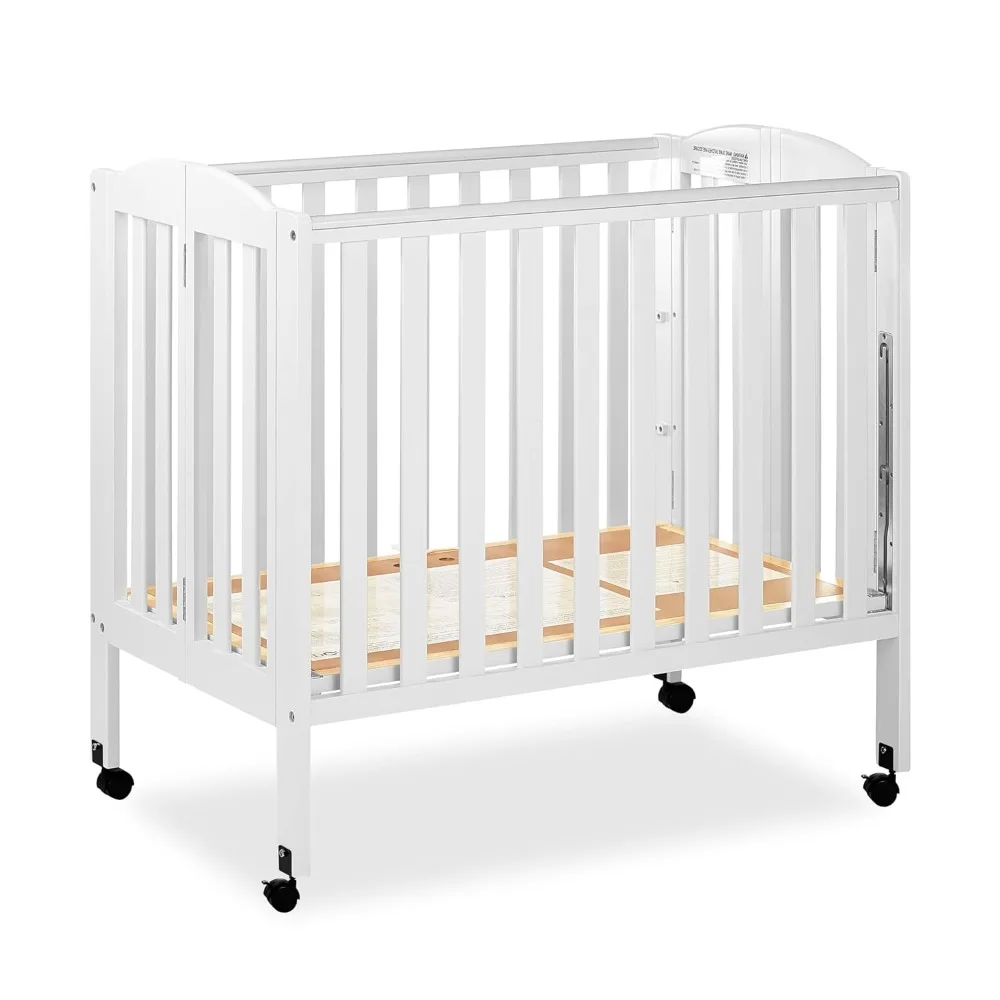 3 in 1 Portable Folding Stationary Side Crib in White, Greenguard Gold Certified, Safety Wheel with Locking Casters, Convertible