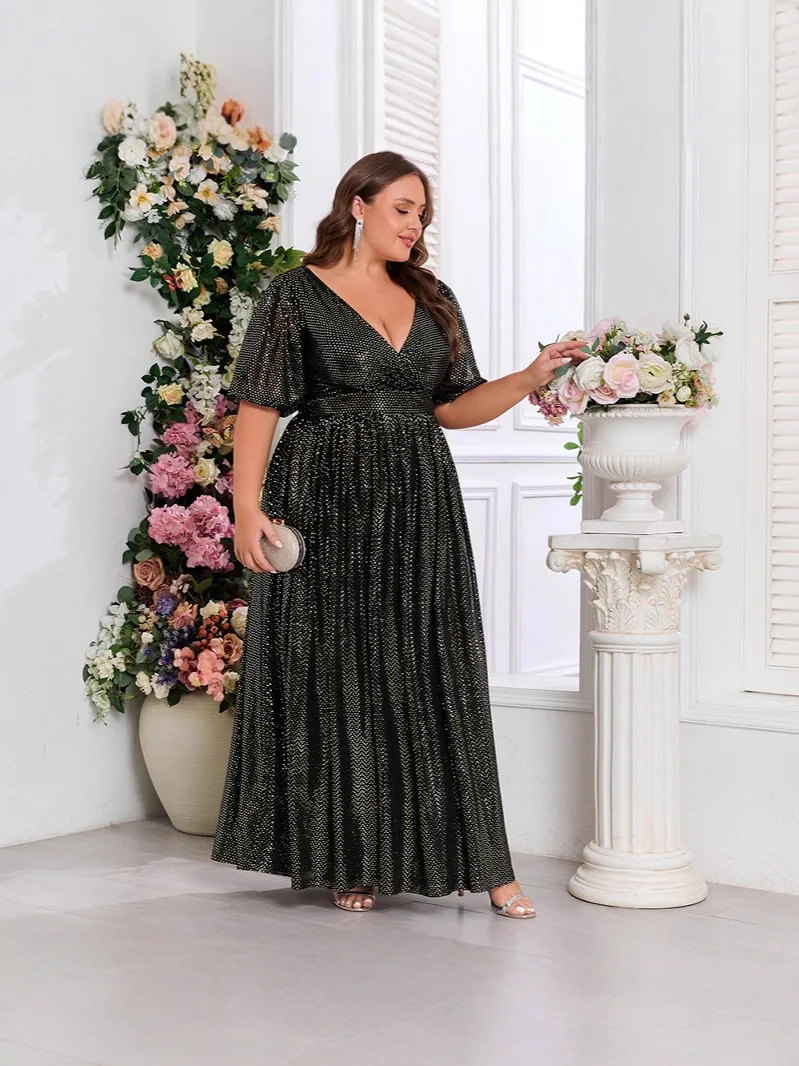 

V-Neck Floor-Length Black Prom Dresses With Short Sleeves Elegant Women Formal Evening Gown