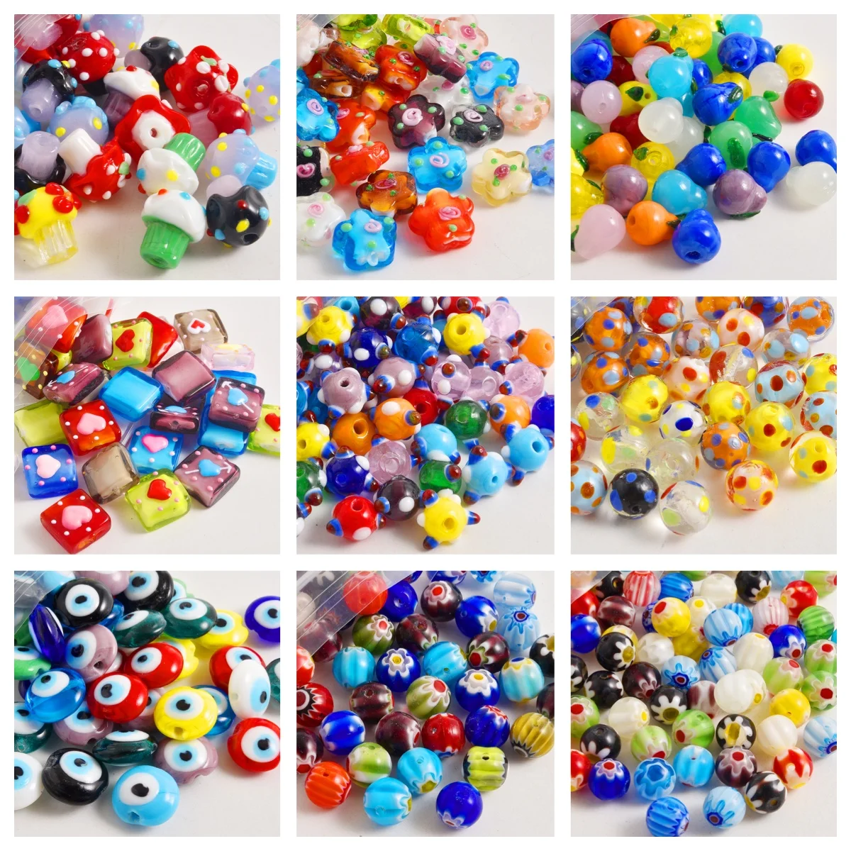 12pcs Cute Assorted Colorful Beading Square Cube Heart/Evil Eye/Dot Mushroom Charm Flower Beads DIY Bracelet Jewelry Making Gift