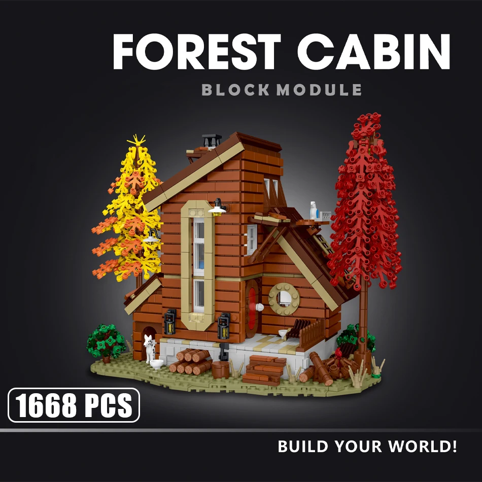 MOC Forest Cabin Street View MOC-bouwstenen met LED-strip Houten huisarchitectuur Modulaire stenen Speelgoed voor kinderen Cadeau