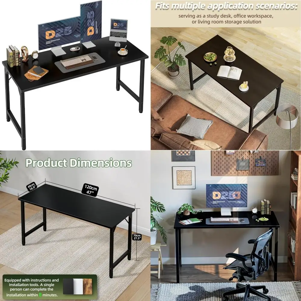 Escritorio de estudio y juegos ajustable de 47 pulgadas para oficina en casa, escritorio negro simple con patas resistentes, ideal para niños y trabajo informático