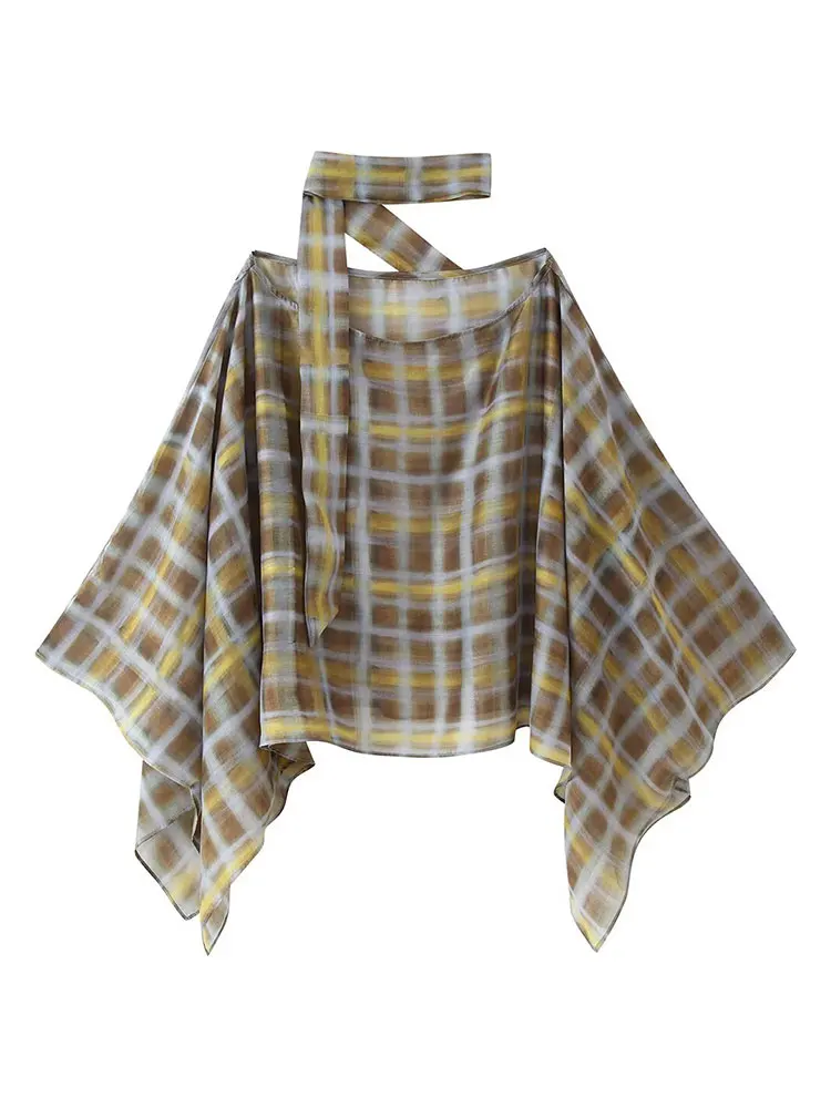HH Women Fashion Plaid Skirts Suits Casual Loose Scarf Collar Cape Blouse Tops High Waist Midi Skirt 2026 Trend High Street Sets image 5