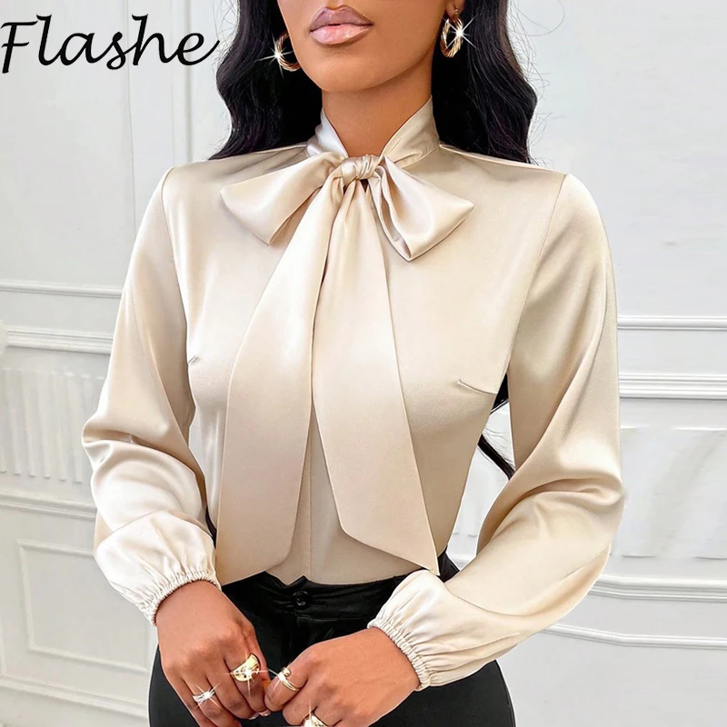 

Модная женская рубашка с длинным рукавом, весенне-осенний дизайн с бантом, офисные женские топы, женские элегантные блузки, шелковая рубашка для женщин