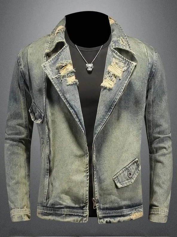 

2026 New Retro American Motorcycle Denim Jacket Men's Spring Autumn Washed Hole Zipper Suit Collar Jacket Trendy Brand Handsome