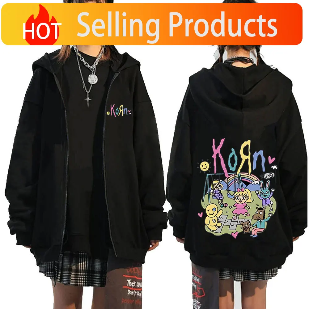 Sudadera con capucha y cremallera de la banda de rock Korn, estilo vintage, metal, gótico, oversize, para hombre y mujer, chaqueta de streetwear.