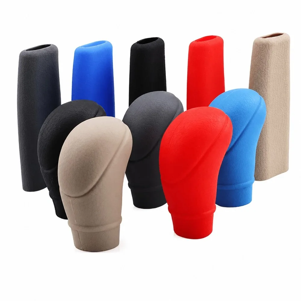 Universal Silicone Leather Grain Wave Shift Knob Cover & Handbrake Grip Set Anti-Slip Wear-Resistant Interior Trim for