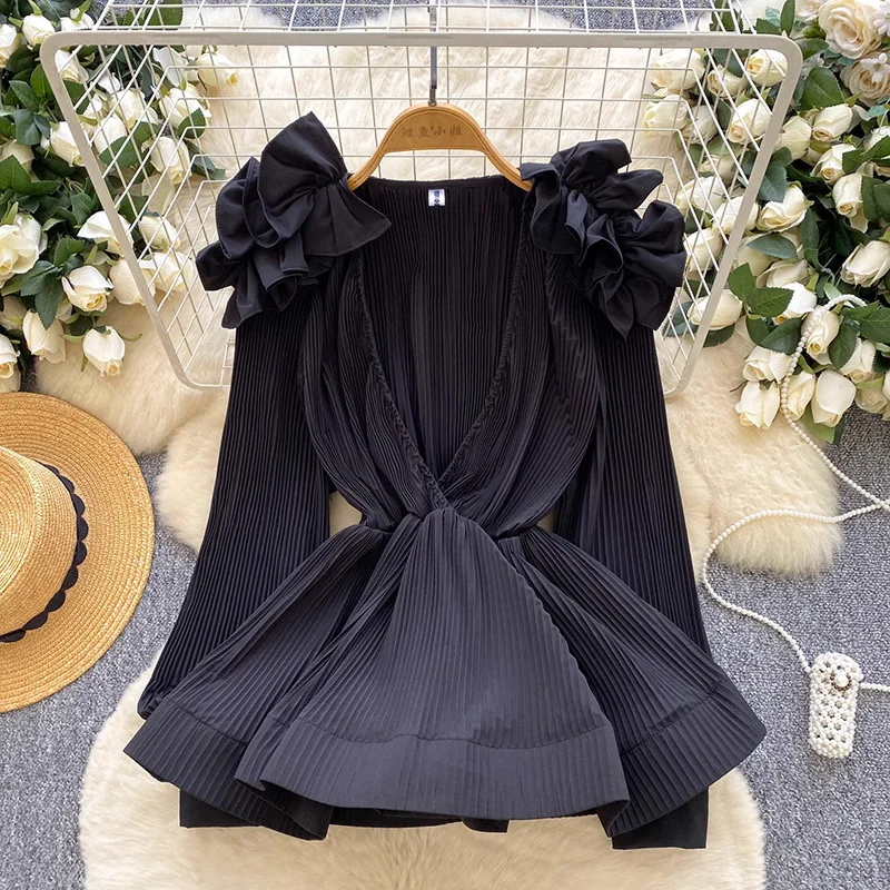 

Fashion V-Neck Ruffled Edge Patchwork Long Sleeve Shirt For Women 2025 Autumn High-End Waist-Cinching Ruffle Hem Top