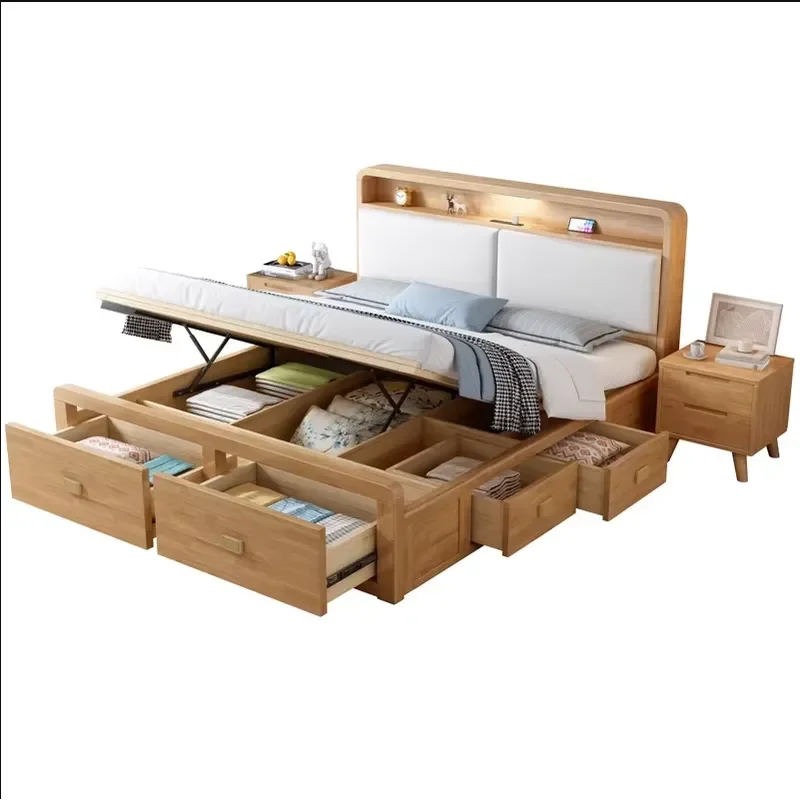 2026 Hot Sale Modern Solid Wood King Queen Size Bed Frame with Hydraulic Lift and Drawers for Bedroom Storage Furniture