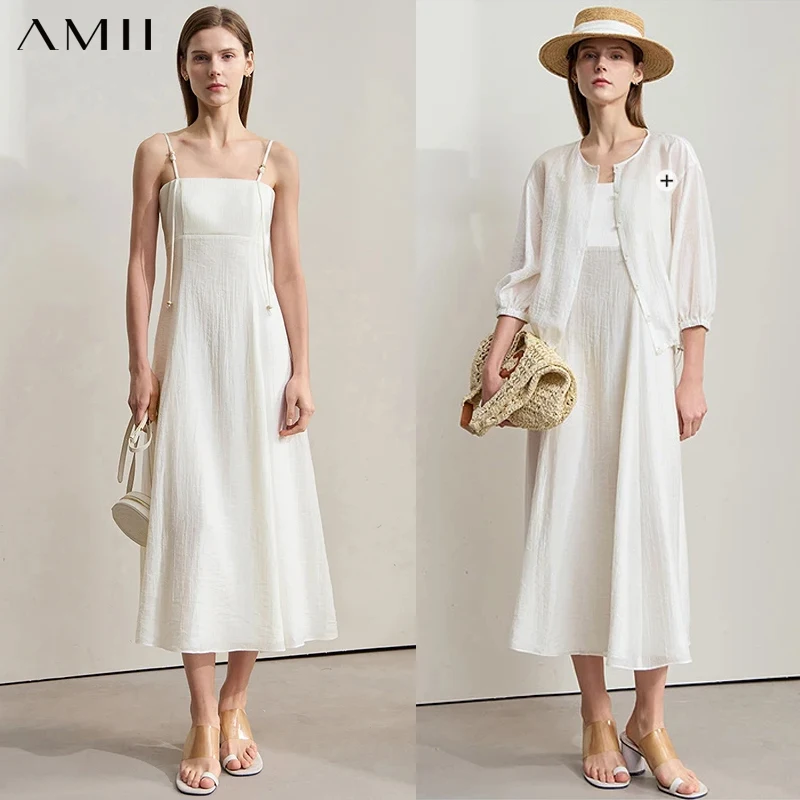 

Amii Minimalism Vest Dress 2025 Summer Beach New Women Clothing A Line Long Thin Straps Literature Cami White Dresses 12552110