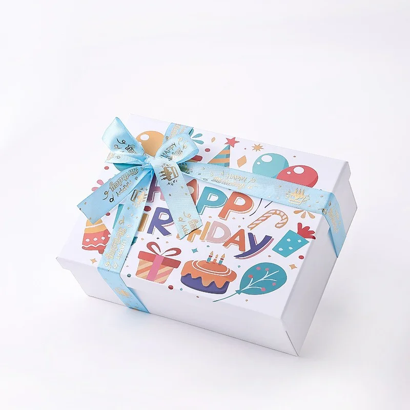 Happy Birthday Gift Box with Light Blue Satin Ribbon Bow Cartoon Cake Balloon Print Collapsible Luxury Present Packaging Box for Birthday Party Hamper Candy Cookie Cosmetic Gift