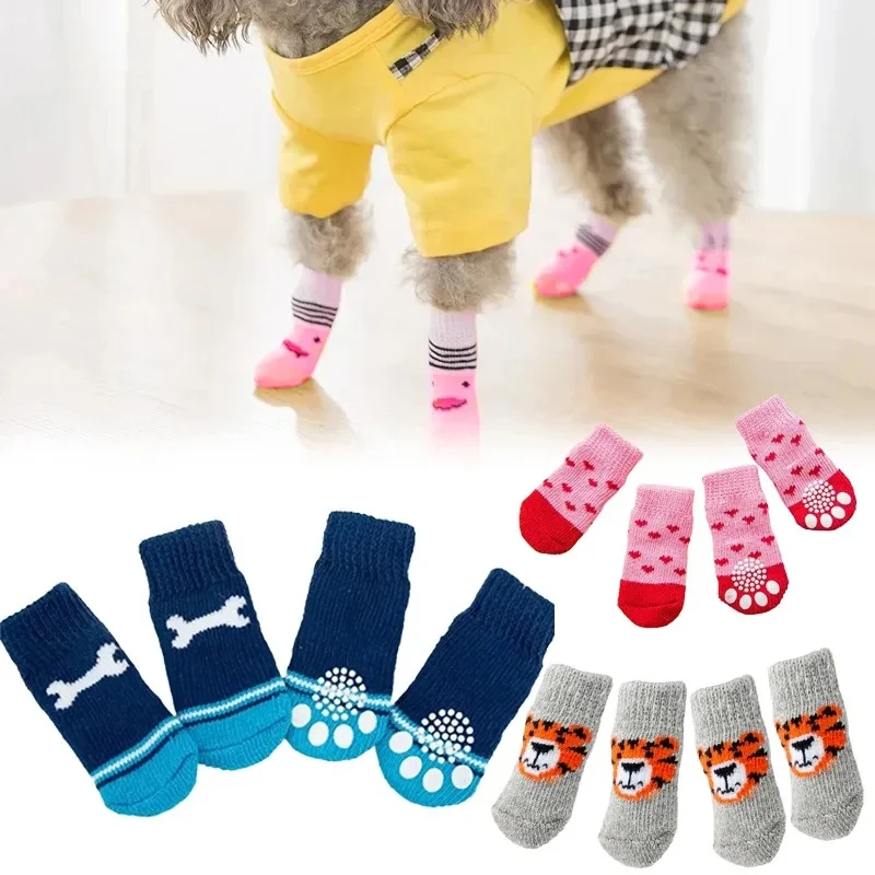 4 pares de calcetines de invierno para perros, botines antideslizantes de punto cálido para proteger las patas, calzado con diseño de tigre para gatos y perros, para interiores y exteriores.