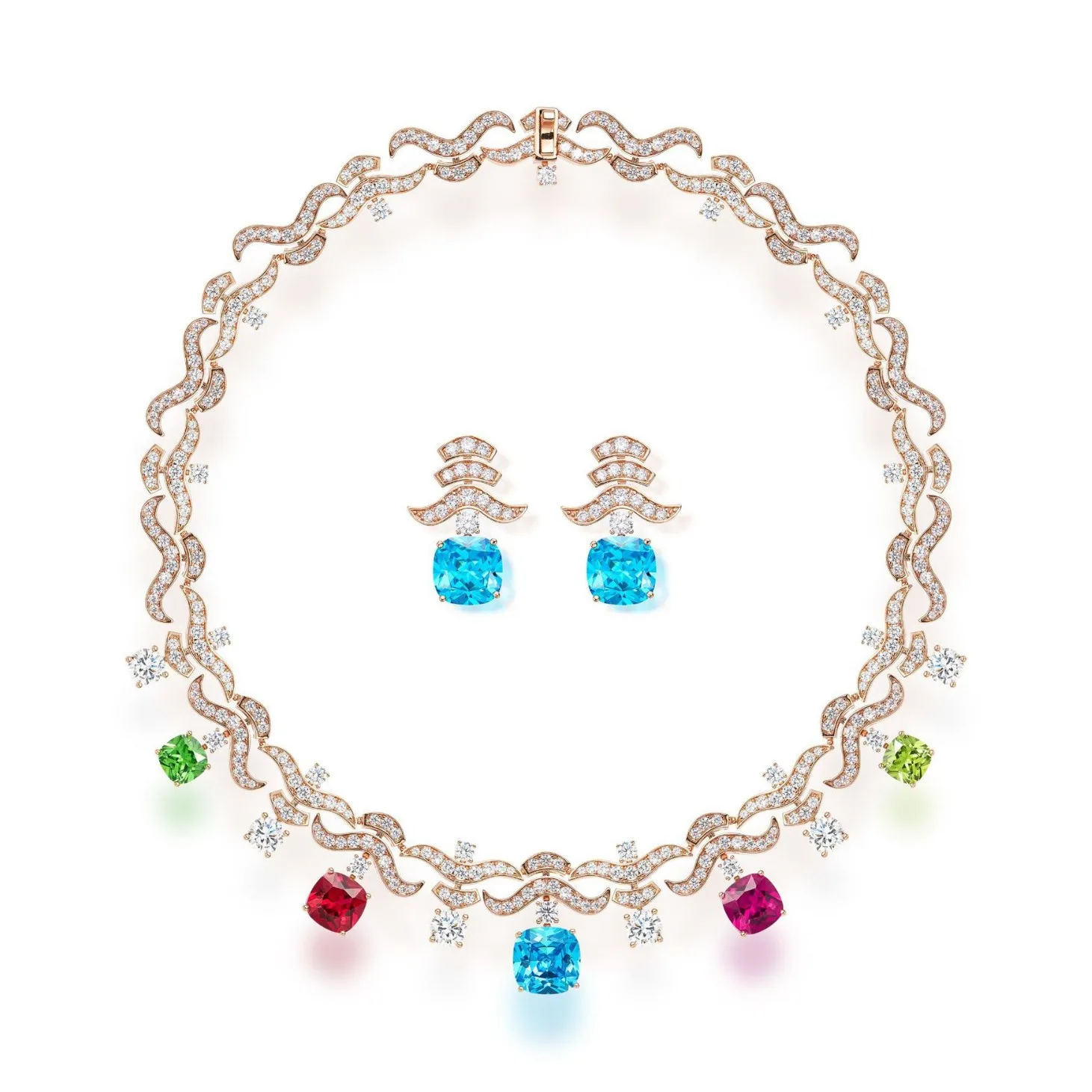 Luxury Gold Plated Colorful Zircon Necklace and Earrings 2Pcs Set for Women, High-end Evening Gown Bridal Wedding Jewelry Set