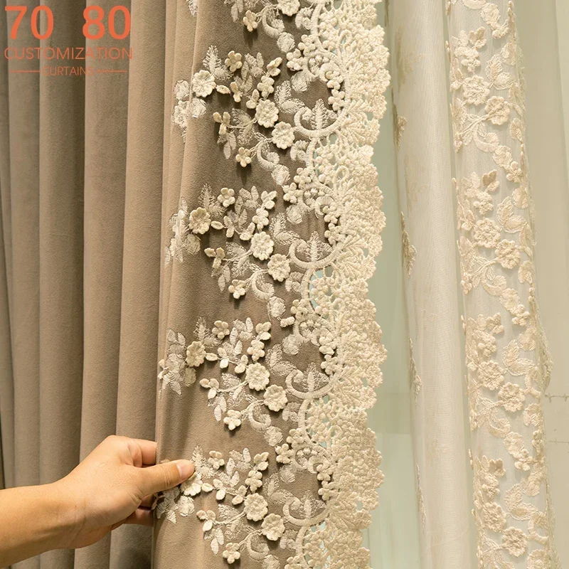 

French Embroidery Lace Patchwork Flannelette Shading Thickened Curtains for Living Room Bedroom Balcony Window Large Master