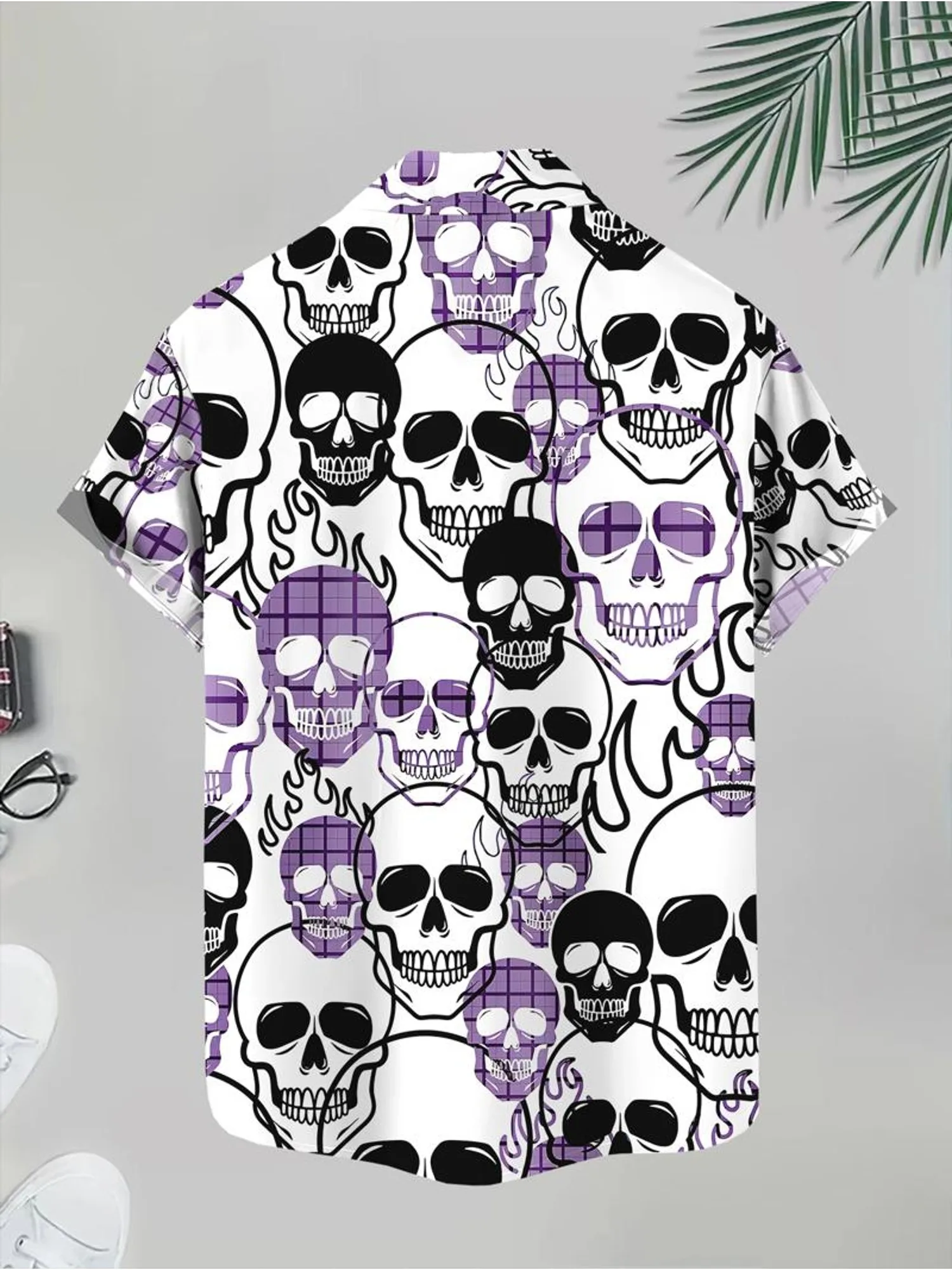 Men Purple Plaid Skull Graffiti Print Short Sleeve Shirt Lapel Collar Button‑Up Polyester Gothic Party Blouse