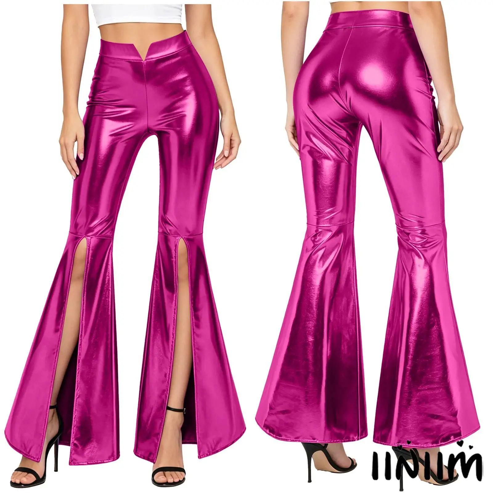 

Women 70s Disco Bell Bottom Pants Metallic Shiny V Notched High Waist Split Flared Long Trousers for Jazz Dance Raves Party