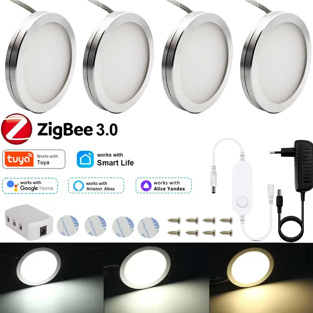Zigbee 3.0 Under Cabinet Lights Warm White DC12V LED Round Lamp Dimming Kitchen Decor Tuya APP Voice Control For Alexa Google