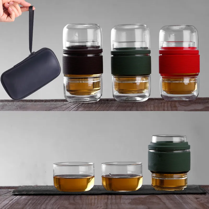 Delicate Travel Teaware Sets With Carring Cases Heat-resistant glass Teapot with Small Glass Filter Flower Tea Portable Teawares