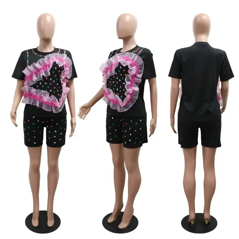 

Женский комплект с бриллиантами, стразами, кружевные оборки, футболка с короткими рукавами и шорты, комплект из 2 предметов 2025 года, спортивный костюм