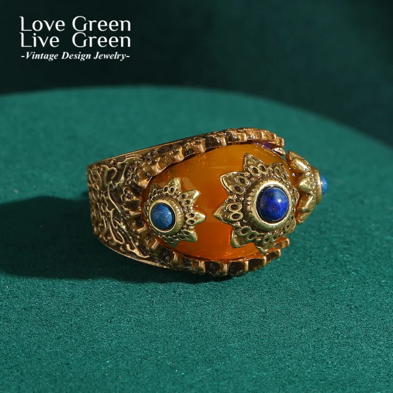 Vintage Gold Color Yellow Sun Rings Blue Stone Simple Party Luxury Mother's Day Gift Antique Jewelry Accessories for Women New