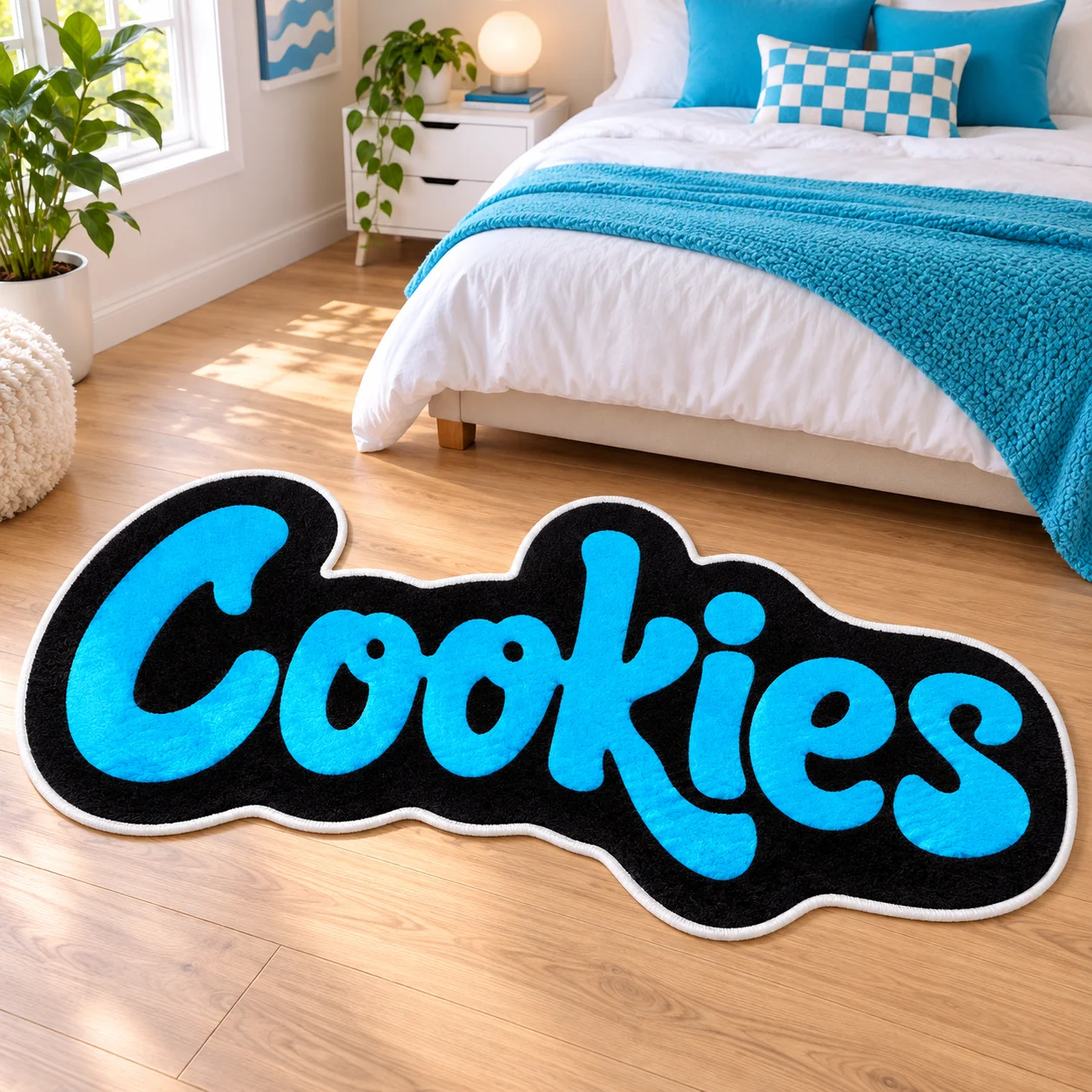 Blue Cookies Lettering Shaped Area Rug, Bold Graphic Floor Mat for Bedroom Game Room Living Room, Modern Pop Home Decor Gift