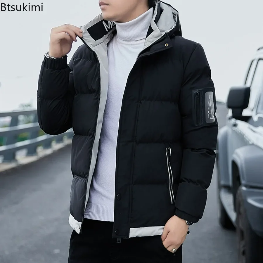 2024 Winter Korean Style Parkas Men\'s Puffer Jacket Long Sleeve Hooded Coats Bomber Jacket Thicker Warm Zipper Outerwear for Men