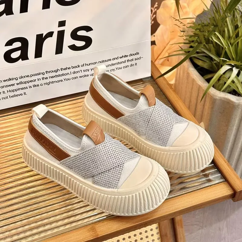 Baskets plates blanches à bout coque pour femme, chaussures de sport, mocassins, nouveau, 2023