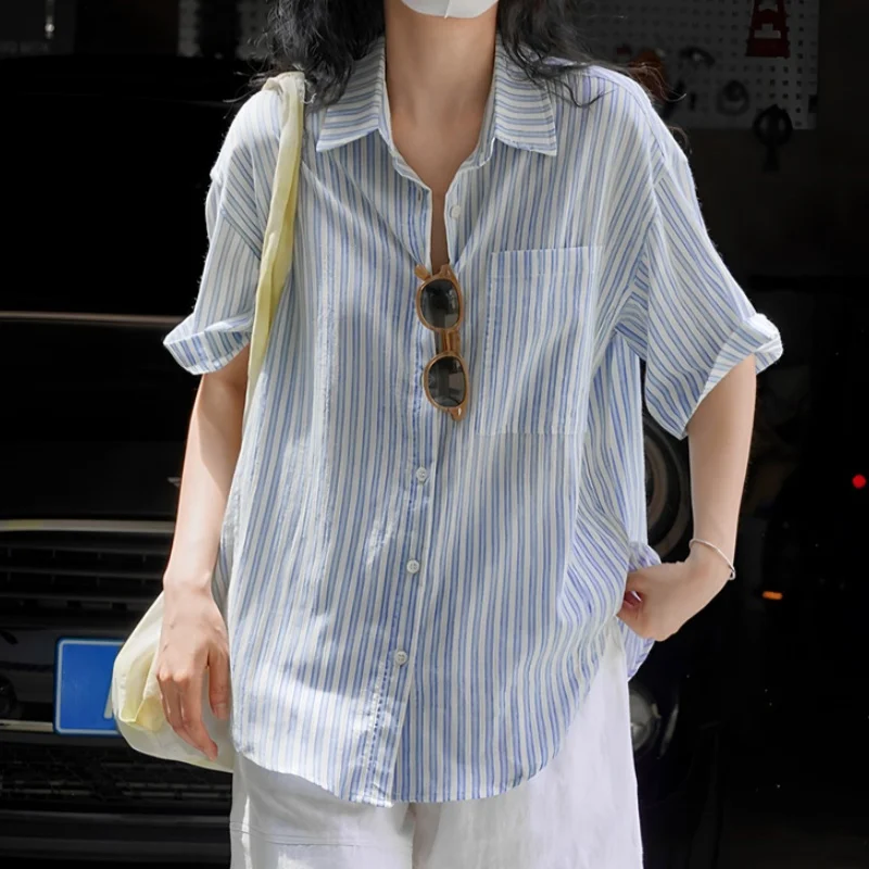 

Summer Vintage Striped One Pocket Women's Blouses 2025 New Short Sleeve Elagant Korean Office Lady Casual Loose Shirts Female
