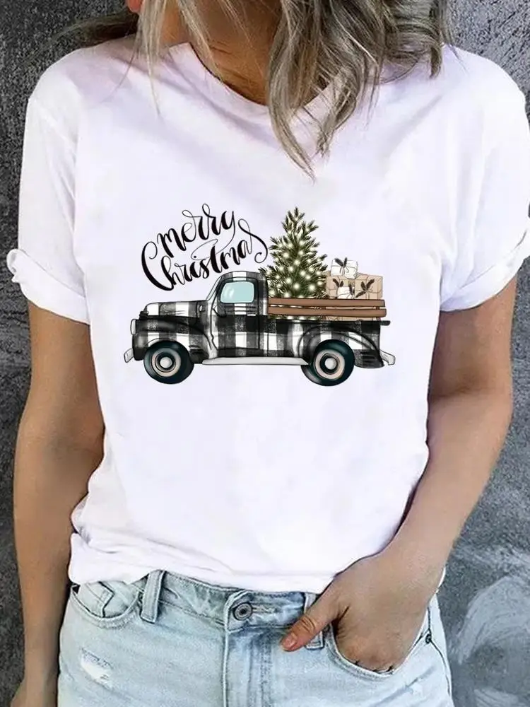 Plaid Truck 90s New Year Short Sleeve Print T Shirt Top Merry Christmas Clothes Fashion Women Tees Clothing Graphic T-shirts