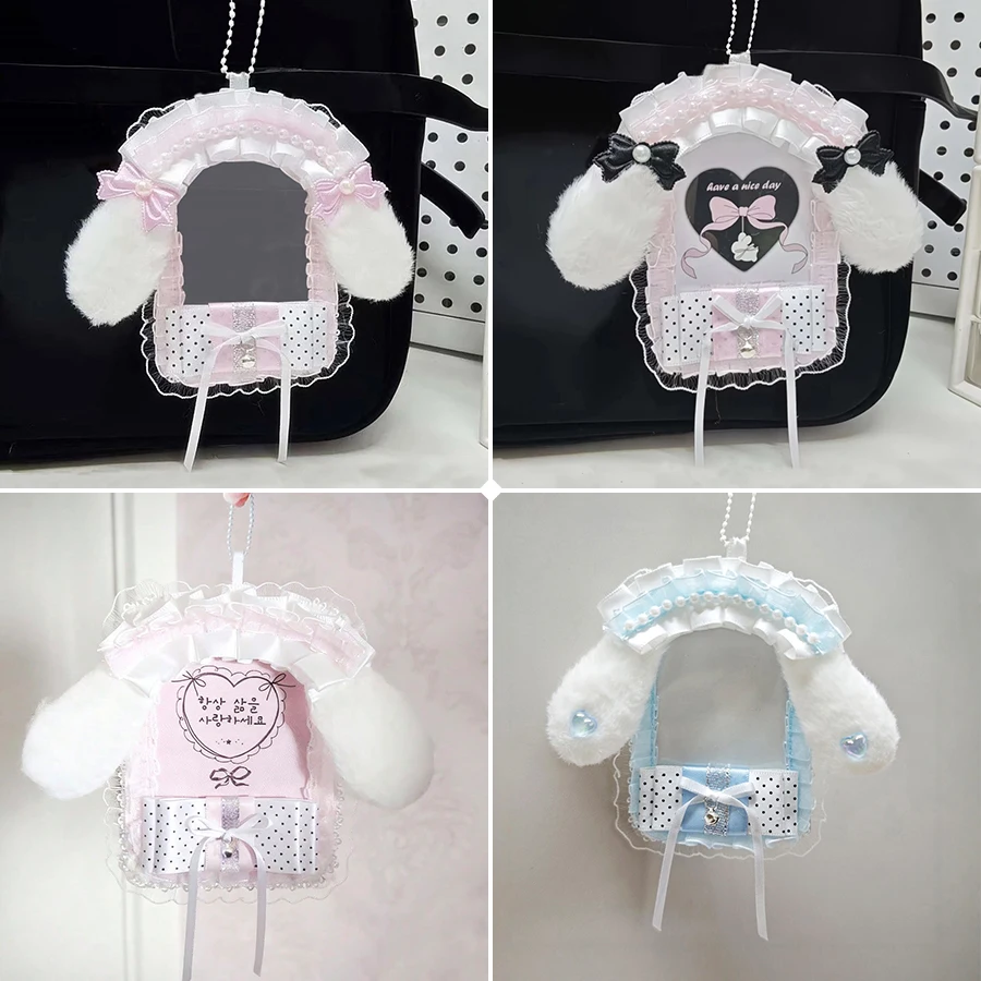 Handmade Fluffy Droopy Ear PVC Photocard Holder With Hang Chain Assorted Colors Lace Polka Dot Satin Bow Ruffle Trim 3 Inch KPOP Polaroid Anime Case Lolita Fan Portable DIY Decor Trading Card Protector Storage Cover