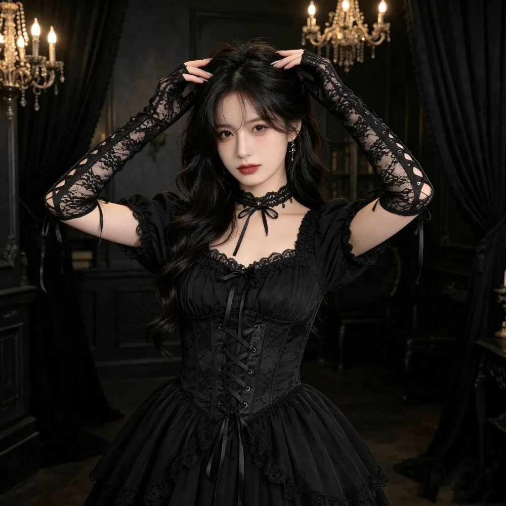 Fashion Fingerless Fishing Net Party Gothic Lolita Ribbon Fingered Women's Sexy Lace Long Gloves Role Playing Stage Performance 4