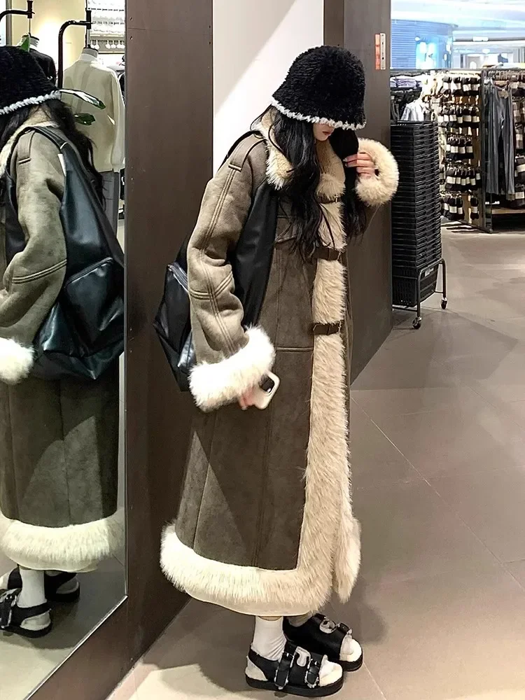 Fur One Coat Women's Winter High-end Feeling Temperament New Plush Stitching Thick Warm Knee Long Tide