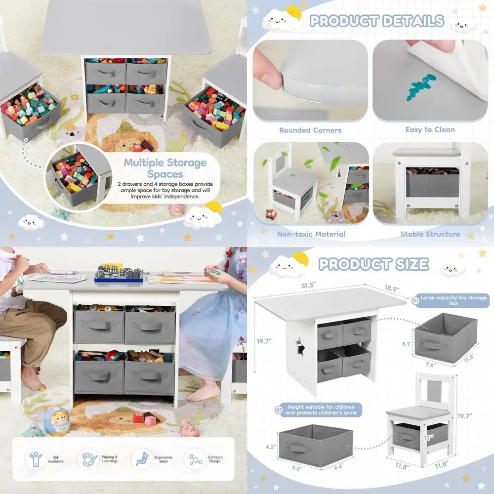 Gray Wooden Toddler Desk with 2 Chairs and 6 Storage Bins, Water-Resistant Children's Furniture Set