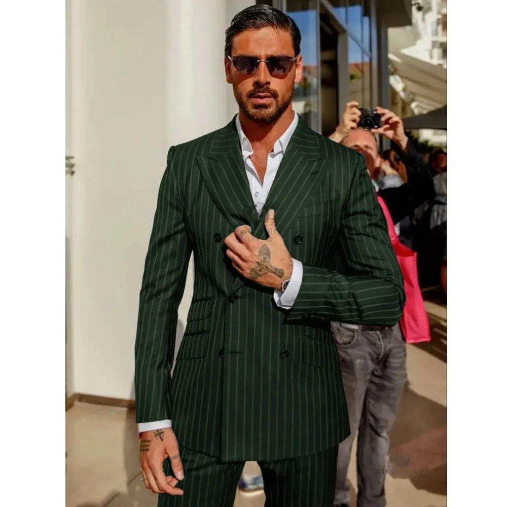 Elegant Men's Suits Casual Clothing Summer Strip Set 2-Piece High Quality New in Suits Blazers Pants Male Clothes Coat