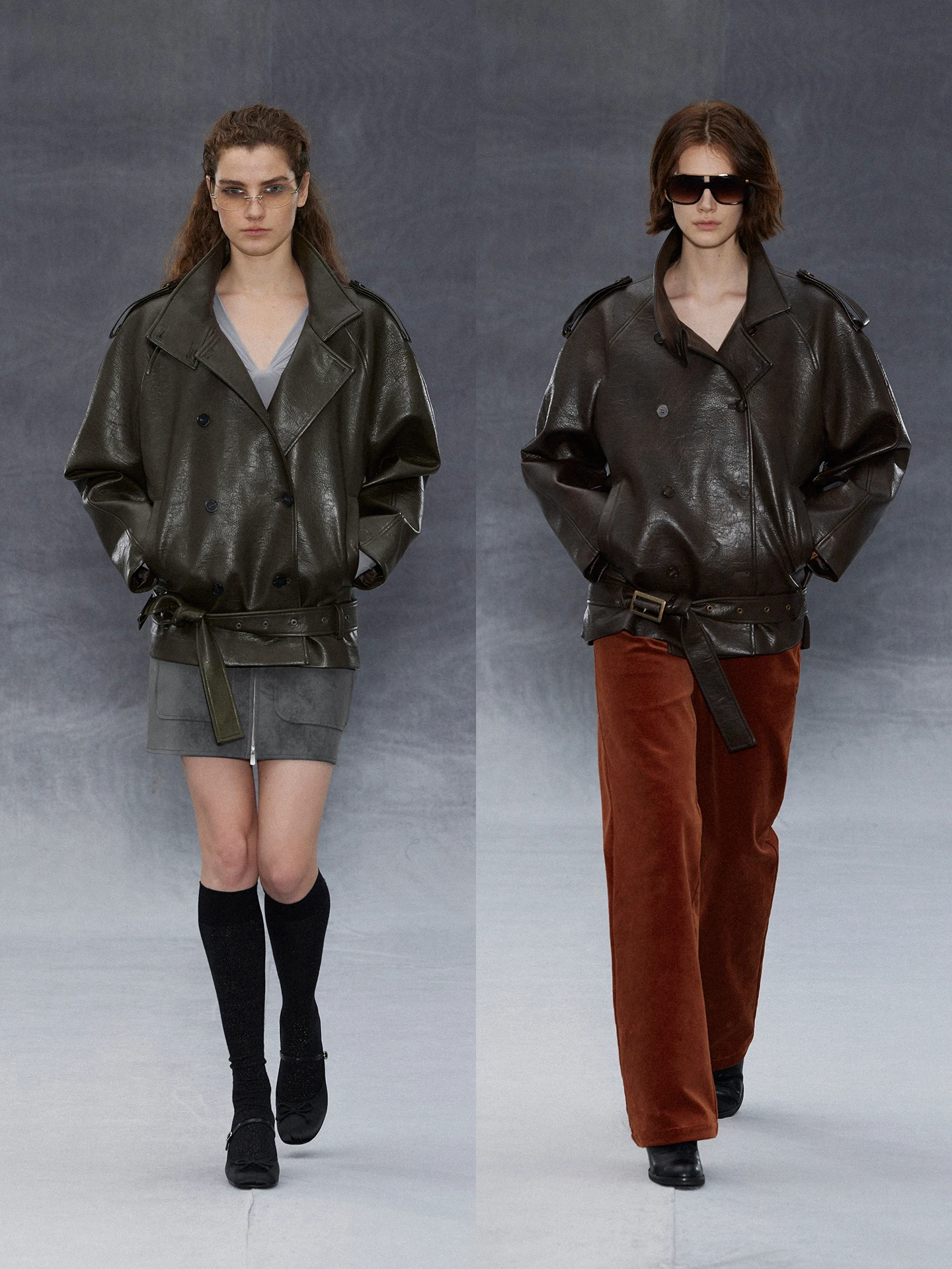 Cappotto da donna in pelle PU a collo alto con doppio bottone e spalle arrotondate, vestibilità ampia, serie retrò Randpiee