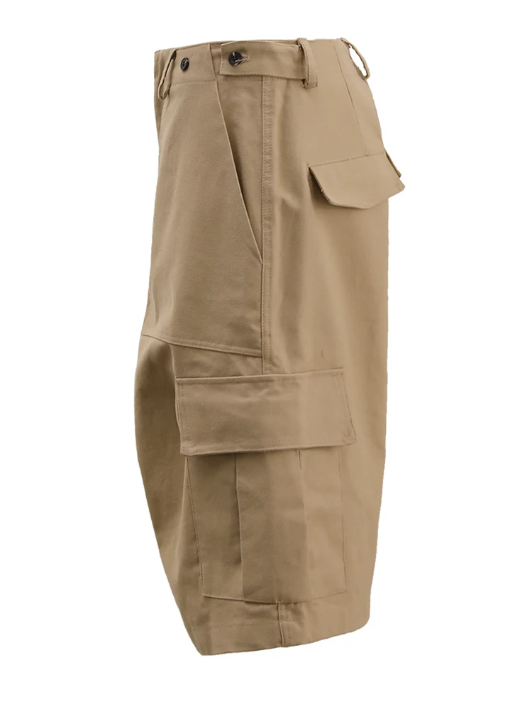 [EAM] High Waist Khaki Pocket Shaped Casual Calf-Length Cargo Pants New Trousers Women Fashion Tide Spring Summer 2024 CPG1600