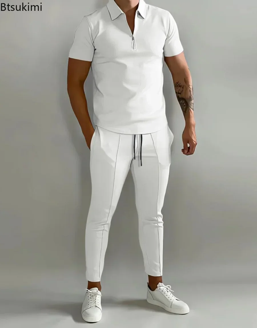 2024 Spring Summer Men Tracksuits Fashion Casual Two Piece Set Solid Slim Polo Shirt and Pants Sport Suit Men's Sportwear Outfit