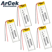 5PCS 3.7V 500mAh 402060 Lipo Polymer Lithium Rechargeable Battery for MP3 GPS Bluetooth Recorder Headset Smart Watch Massager