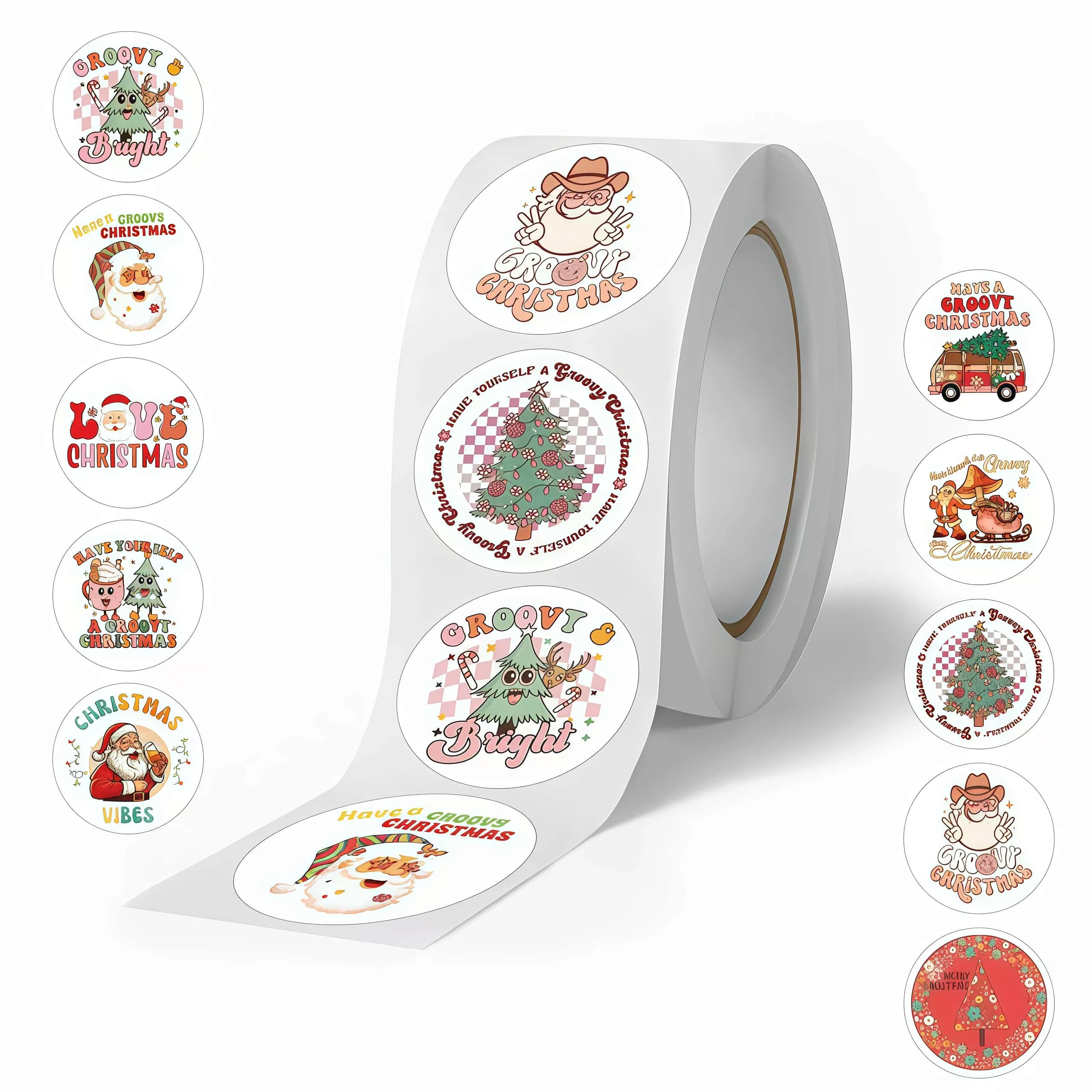 500Pcs/Roll Groovy Christmas Stickers, Kawaii Santa Tree Decals for Gift Wrapping, Party Decor, DIY Crafts