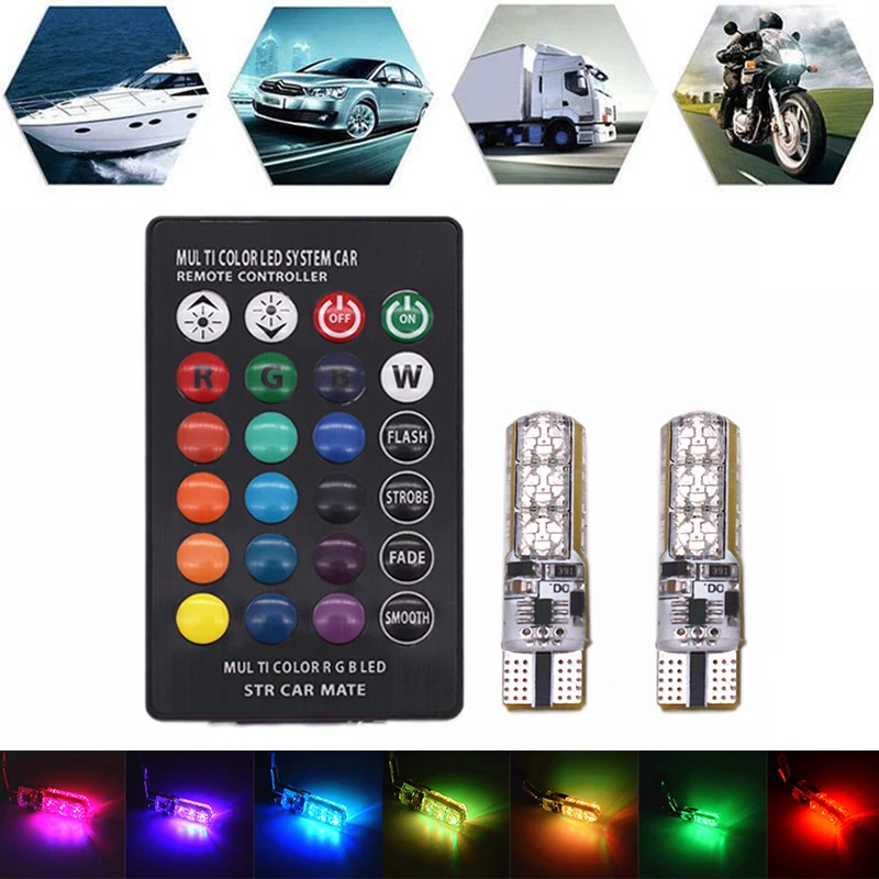 W5W Silicone RGB 5050 6SMD LED Side Wedge Light Dome Reading Bulb Flash Decoration Lights Remote Control for Car Motorcycle