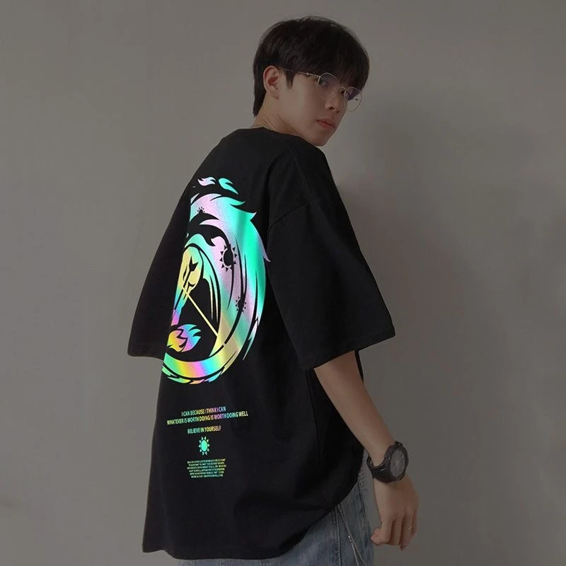 Mens T Shirt Reflective Unicorn Glow Print Tee Harajuku Unisex Loose Fit Ice Silk Short Sleeve Casual Streetwear Couple Fashion