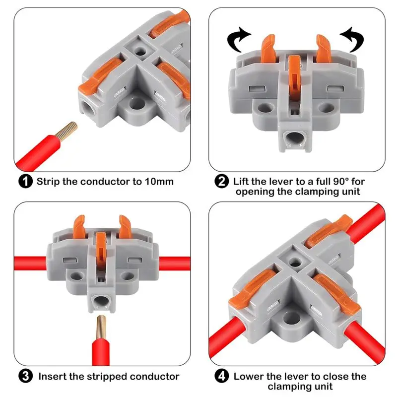 DT17 10Pcs 3 Way T Tap Wire Connectors, T-Shape Lever for Nut Push-in Connector, Quick Wire Splitter for AWG 28-12 Electrical