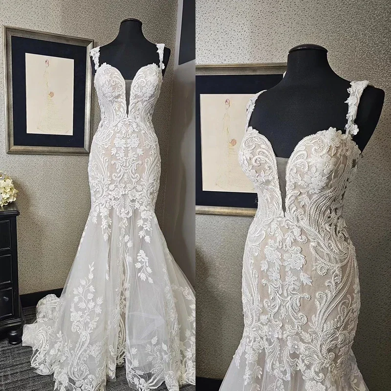 

Elegant Mermaid Weddingdress Organza With Embroidery Appliques Ballgown V-Neck Sleeveless Bride Customized Button Robe De Mariee