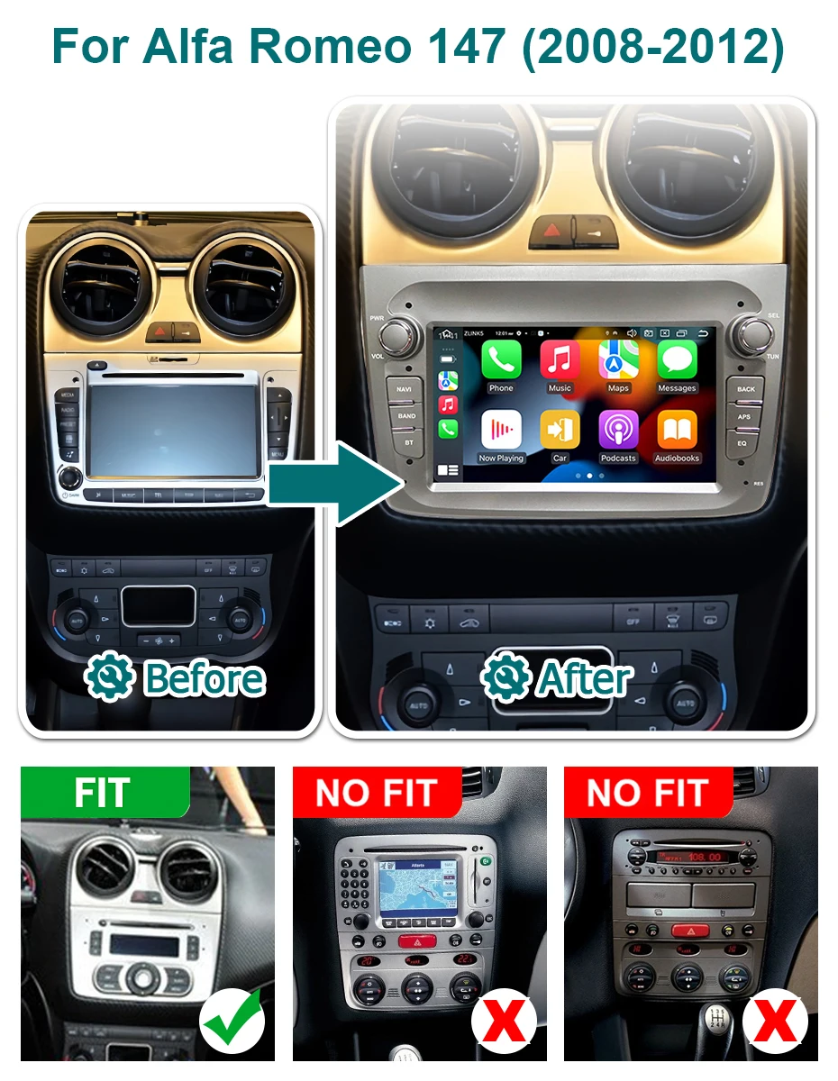 8GB 128GB 7'' Wireless Carplay Android 14 Auto Stereo Car Radio GPS For Alfa Romeo 147 2008-2012 Bluetooth 2 din autoradio Multimedia player Screen WIFI 4G LTE