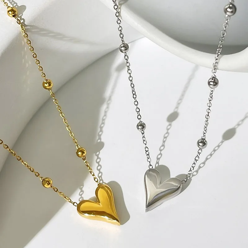 ANENJERY 316L Stainless Steel Colorful Heart Lucky Beads Necklace for Women Simple Ins Clavicle chain Jewelry Gifts Wholesale