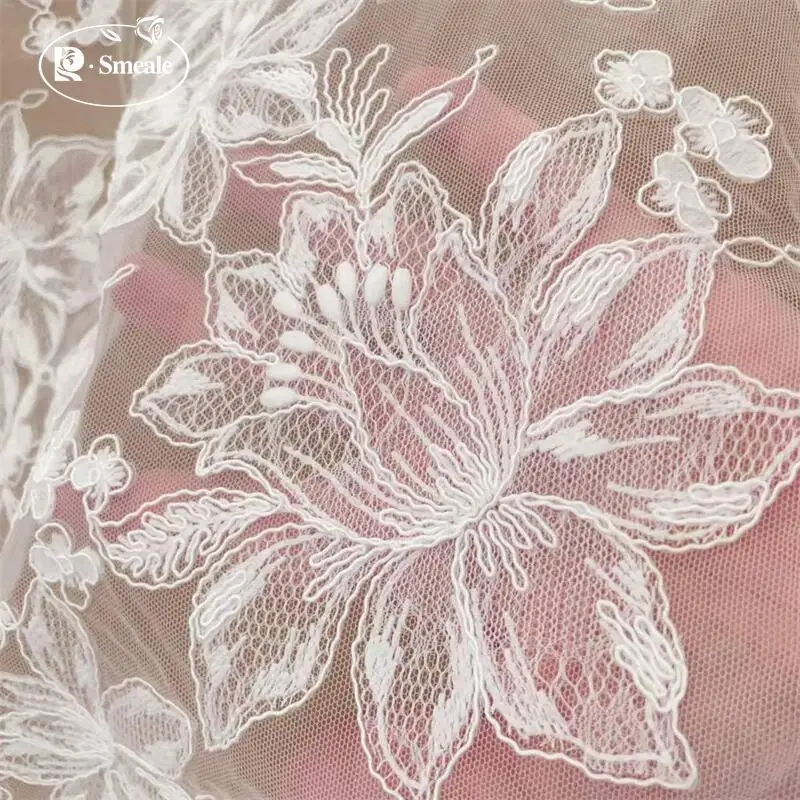 

New Border Embroidered Lace Fabric Big Flowers, Leaves, Wedding Dress, Bridal Veil DIY Sewing Embroidery Fabric RS250871