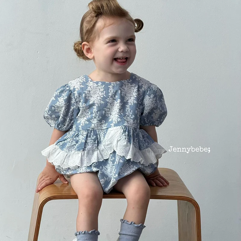 2026 New Summer 0-24M Children Clothes Korean Style Climbing Suit Short sleeved cotton printed splicing Newborn Baby Girl Romper