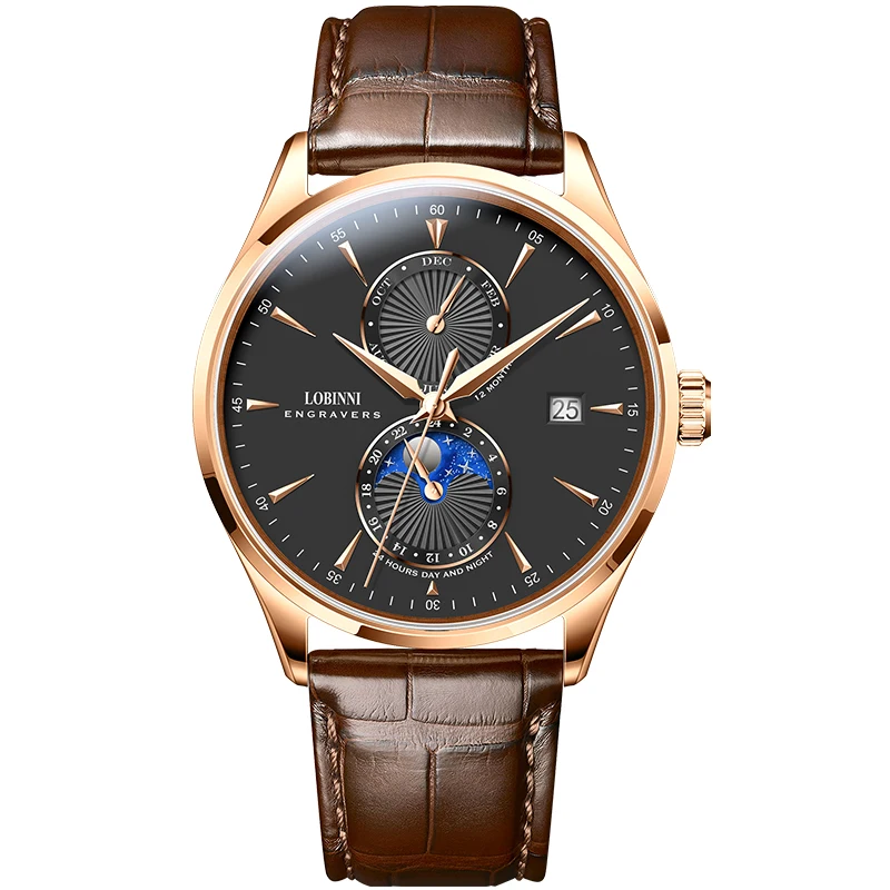 

Lobinni Мужские автоматические часы 40 мм Механические наручные часы с фазой Луны Сапфировое зеркало Мультициферблат Неделя Месяц Дата