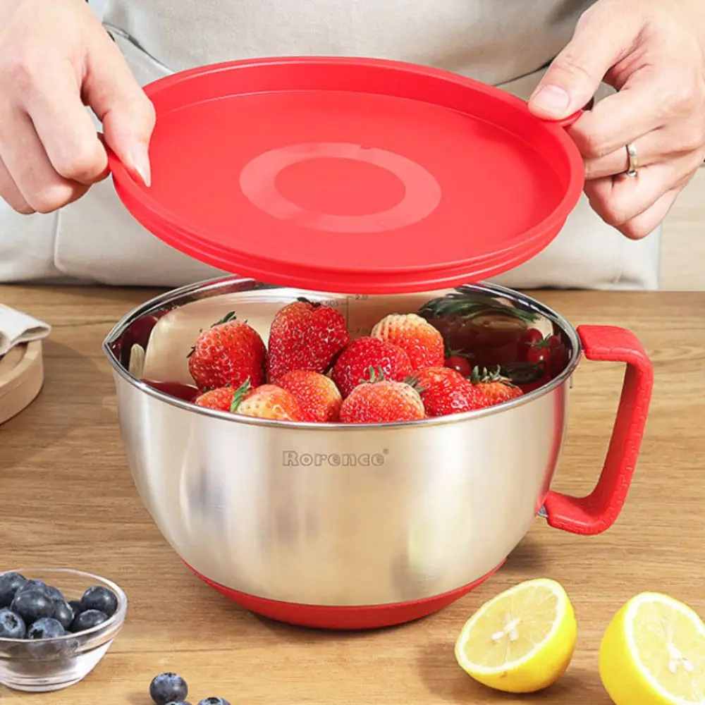 

Multifunctional Stainless Steel Mixing Bowl Scaled with Lid Salad Basin Non-slip Bottom Egg Beater Bowl Vegetable